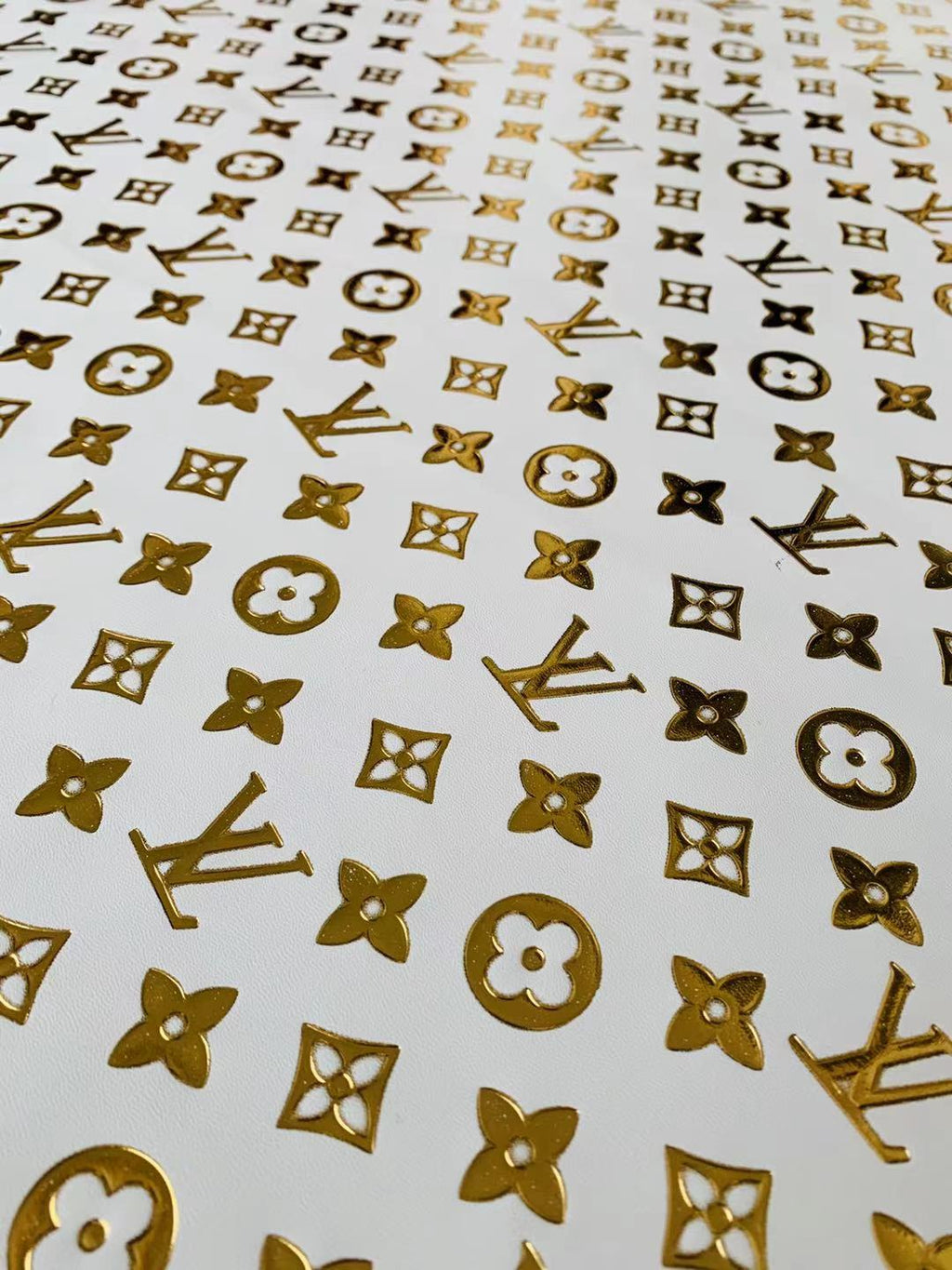 Classic LV Gilding Embossed Leather Fabric ,Handmade Bags Leather ,Handmade Shoes Leather By Yard(white with gold word)