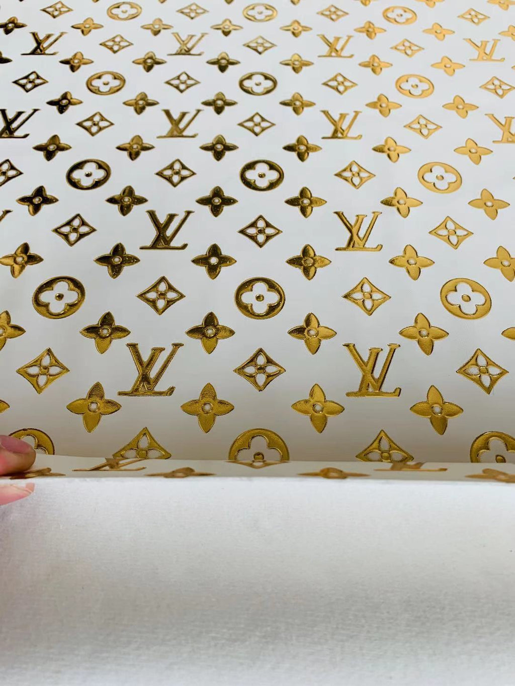 Classic LV Gilding Embossed Leather Fabric ,Handmade Bags Leather ,Handmade Shoes Leather By Yard(white with gold word)