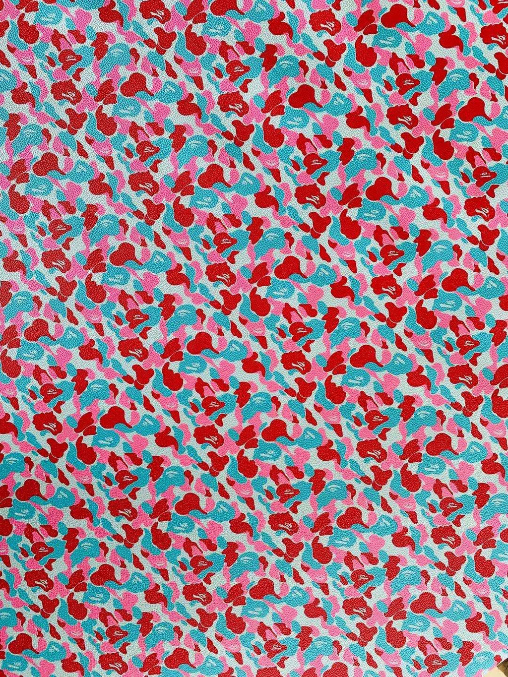 Classic Bape Fashion Custom Leather Fabric For Bags Leather Shoes Custom Leather By Yard (Red with Sky Blue)