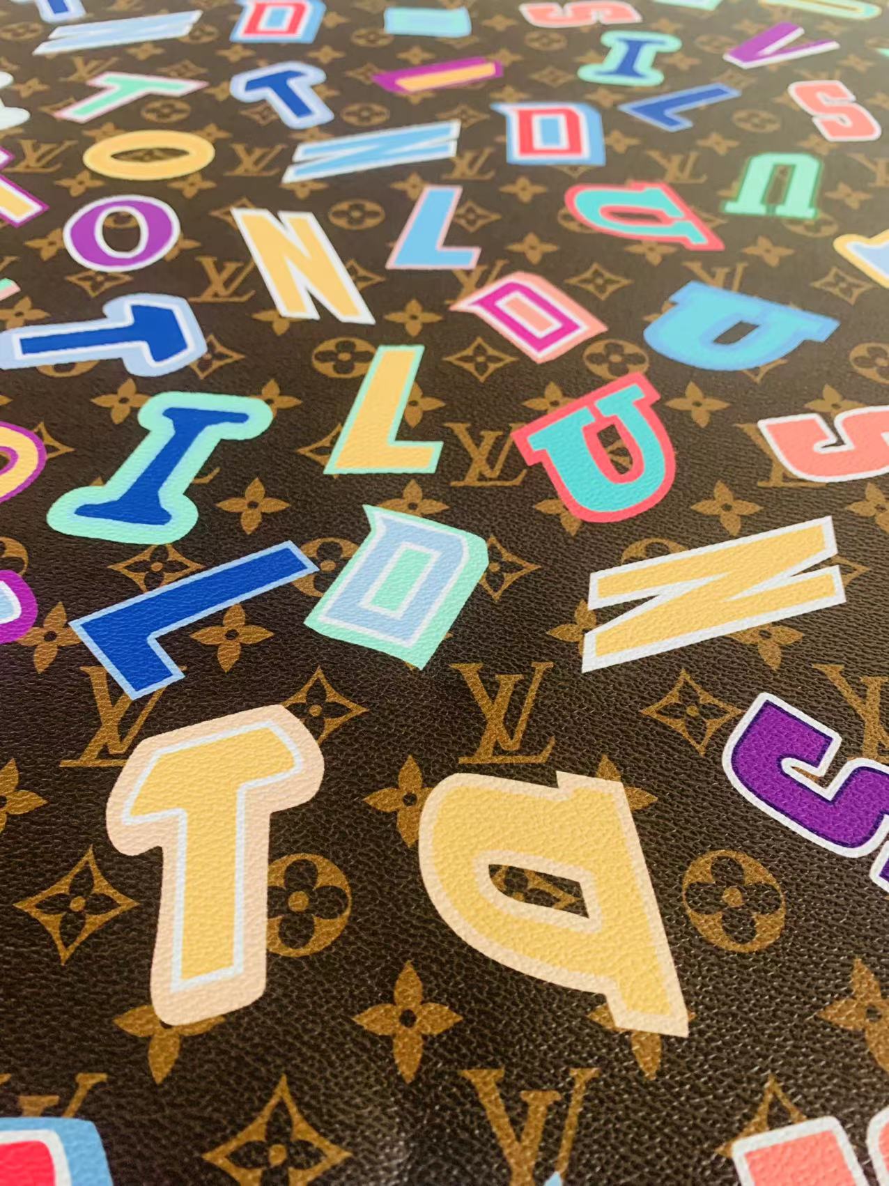 Classic  LV Colorful Word Leather Crafting Fabric For Handmade Bags ,Shoes ,Bike and DIY Handicrafts By Yard