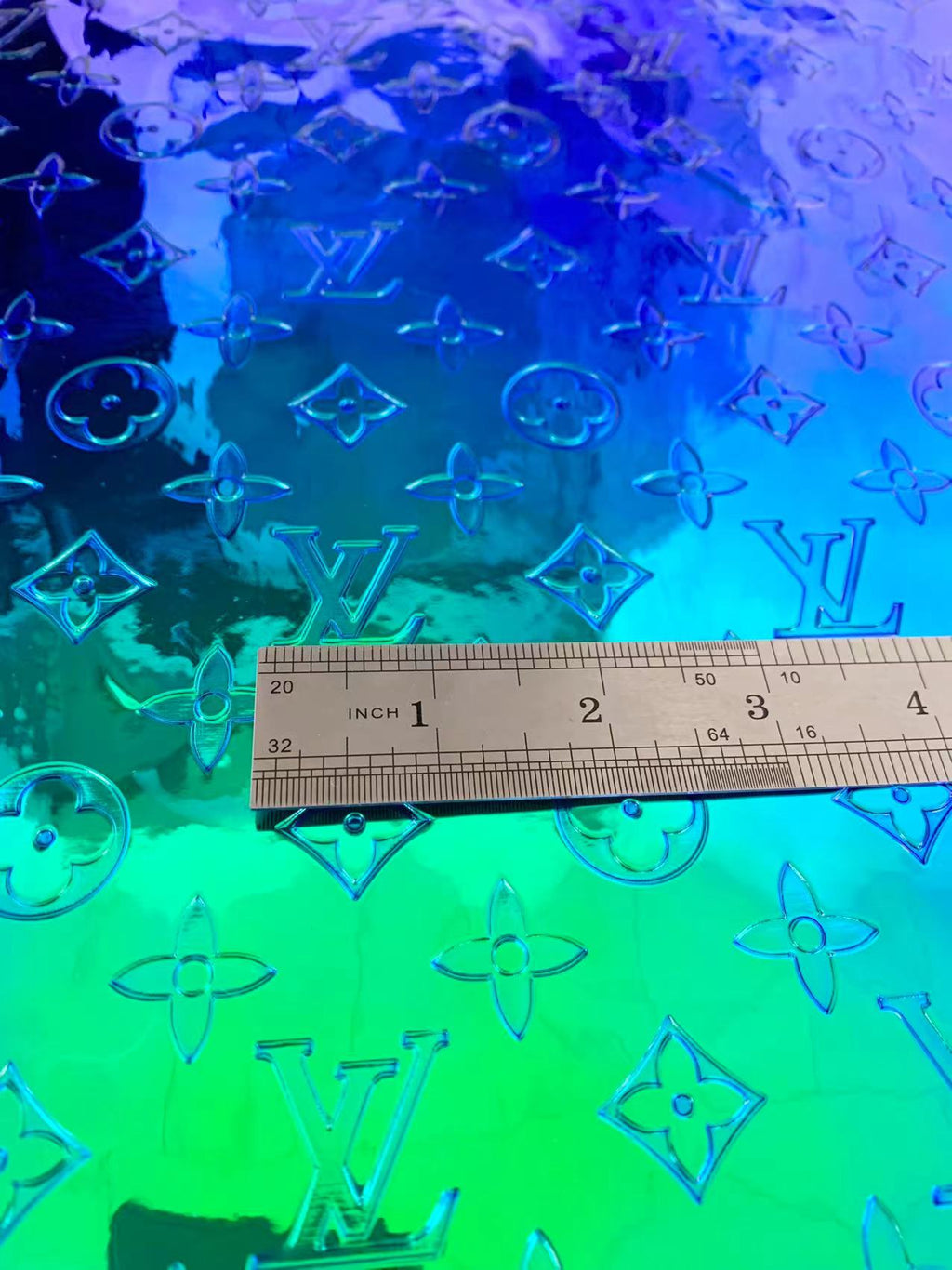 Fashion Green Embossed Reflective Shine LV Fabric For Handmade Handicrafts By Yard