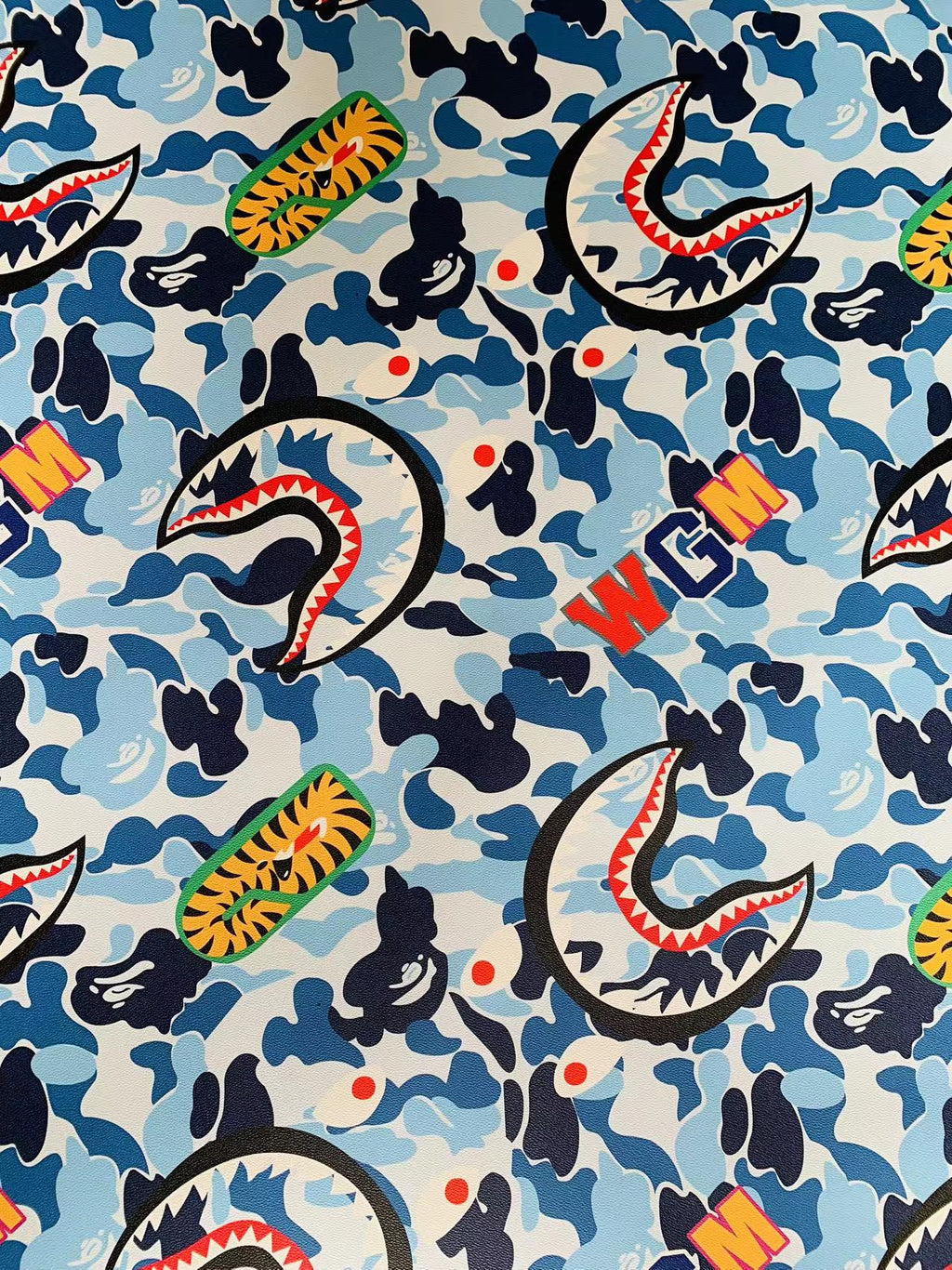 Fashion Sky Blue Bape Shark Teeth WGM Design Custom Leather Fabric For Bags Leather Shoes Custom Leather By Yard