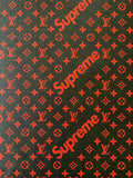 Fashion Black With Red LV Supreme Leather Case Fabric,Handmade Bag Fabric,Hand-made Shoes Fabric By Yard