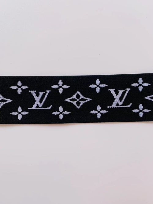 Black With White LV 1.5 inch Elastic Strap ,Handmade Striped Ribbon Trim Embroidered For Handicrafts By Yard