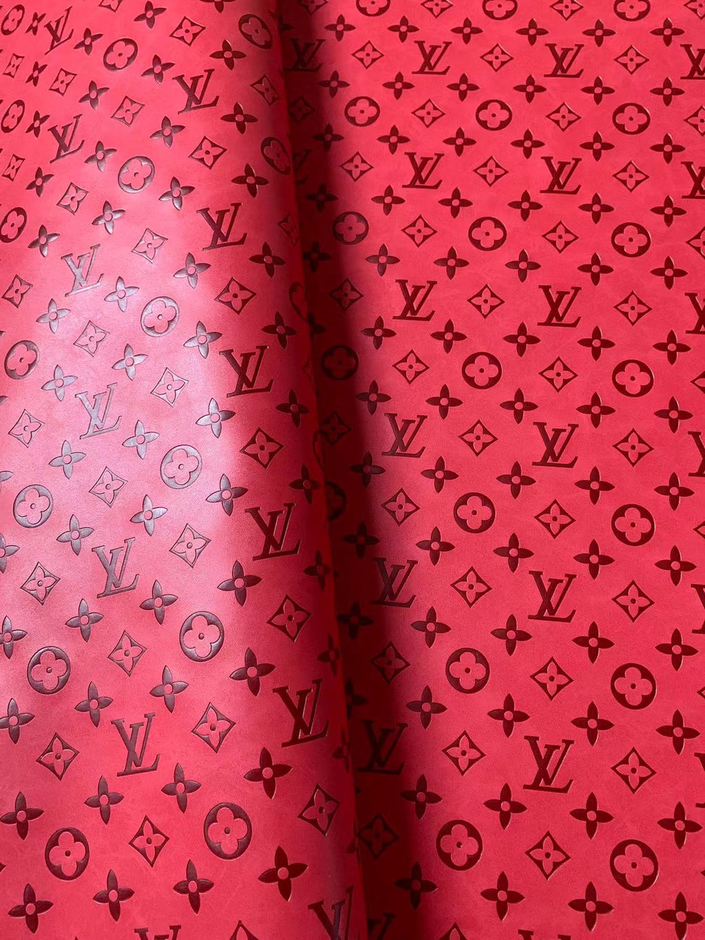 Fashion LV Vantage Embossed Leather Fabric For Handmade Handicrafts，DIY Shoes ,Customized Bags LV Design Leather By Yard (Red)