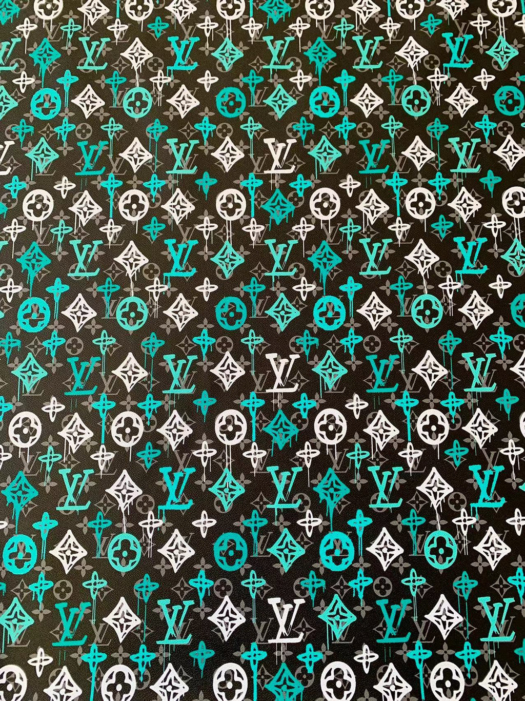 Craft Green With White Graffiti Design LV Leather Fabric For Handicraft Sneaker Upholstery By Yard