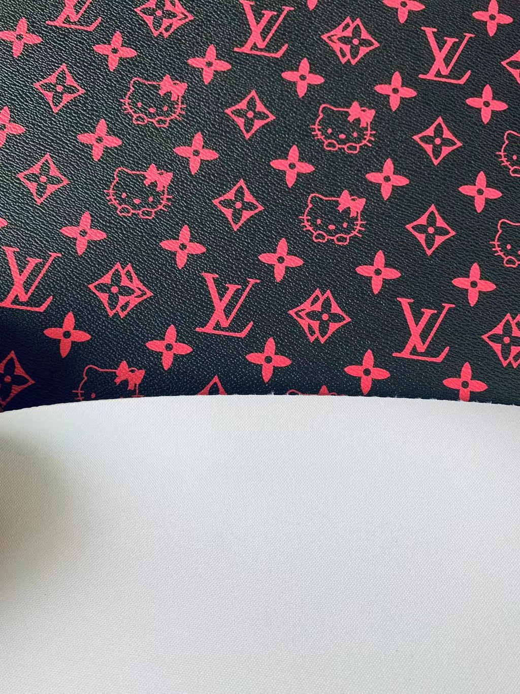 Fashion Black With Pink LV Hello Kitty Vinyl Leather For Bag ,Shoes ,Handicraft Upholstery By Yards
