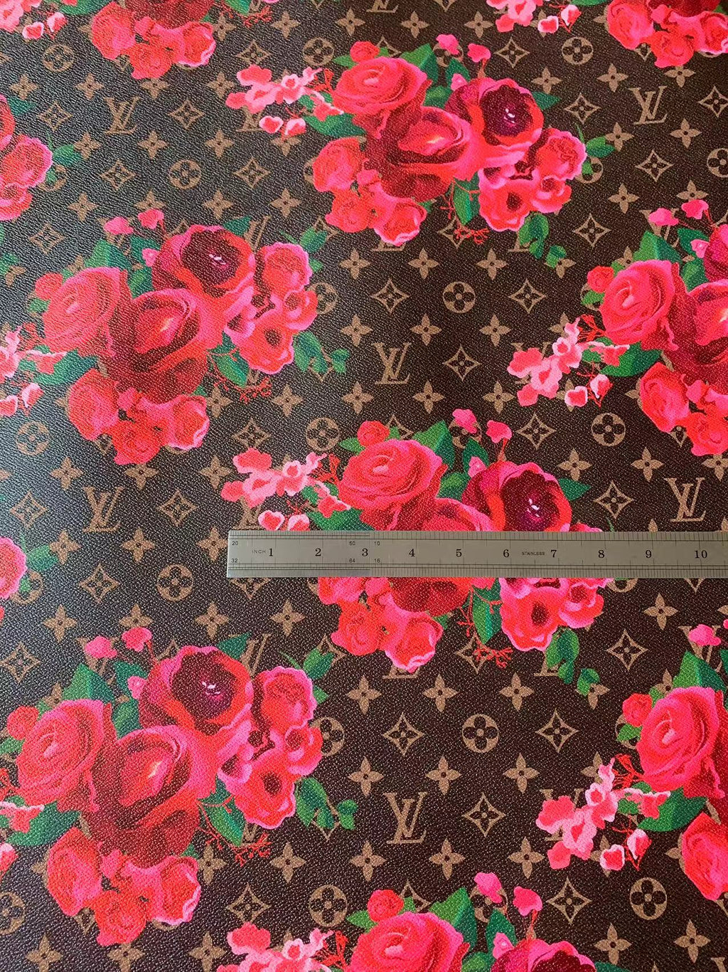 Brown Background LV With Red Rose Design Leather Fabric For Handmade Bags,Sneaker,Furniture Goods