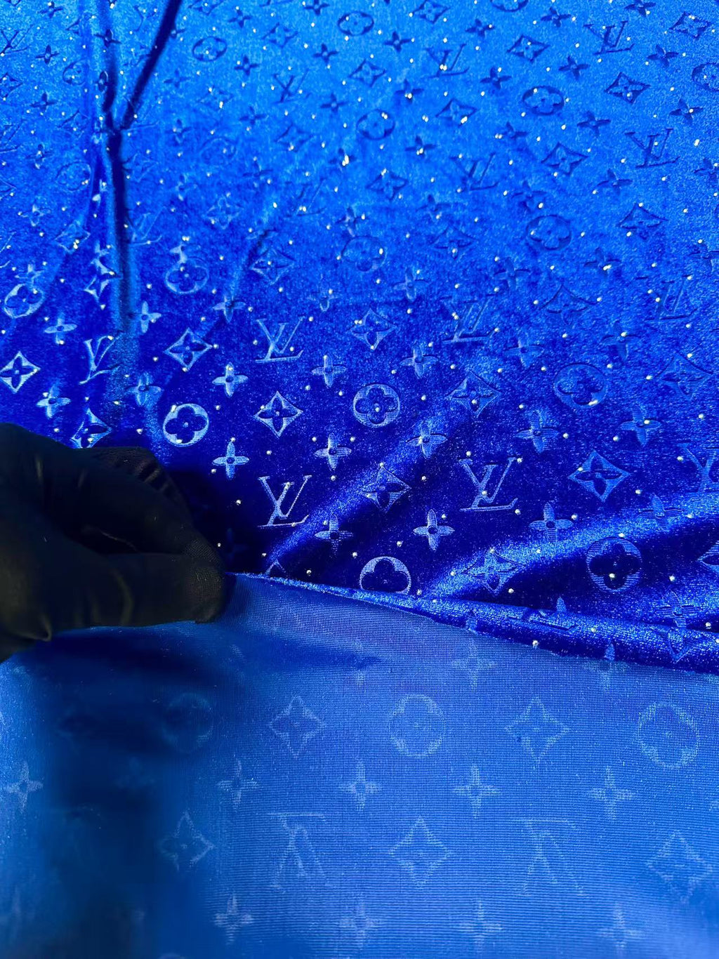 Fashion Luxury LV With Diamond Knitting Velvet Fabric For Handmade Sneaker, Upholstery ,Apparel By Yard(Blue)