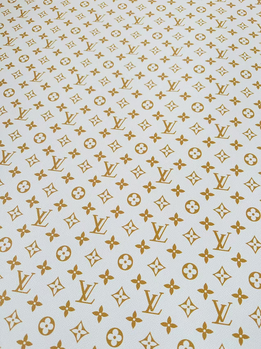 Fashion White With Gold LV Vinyl Leather For Handmade Sneaker, Upholstery Handicraft By Yard