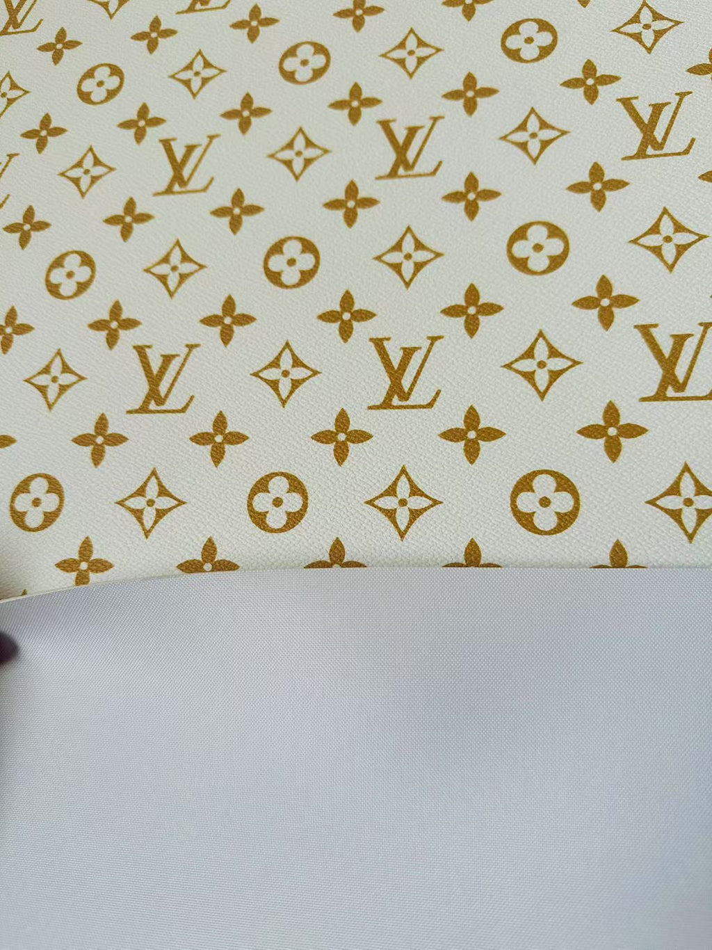 Fashion White With Gold LV Vinyl Leather For Handmade Sneaker, Upholstery Handicraft By Yard