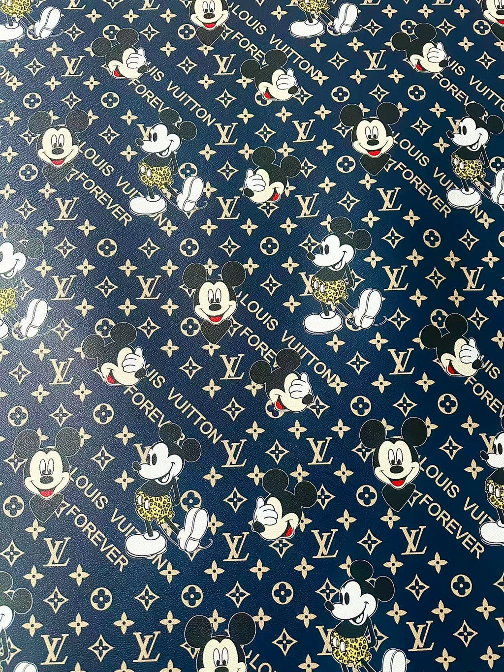 Craft Best Quality Navy Blue LV With Mickey Mouse Vinyl Leather Fabric For Handmade Sneaker,Upholstery Goods By Yard