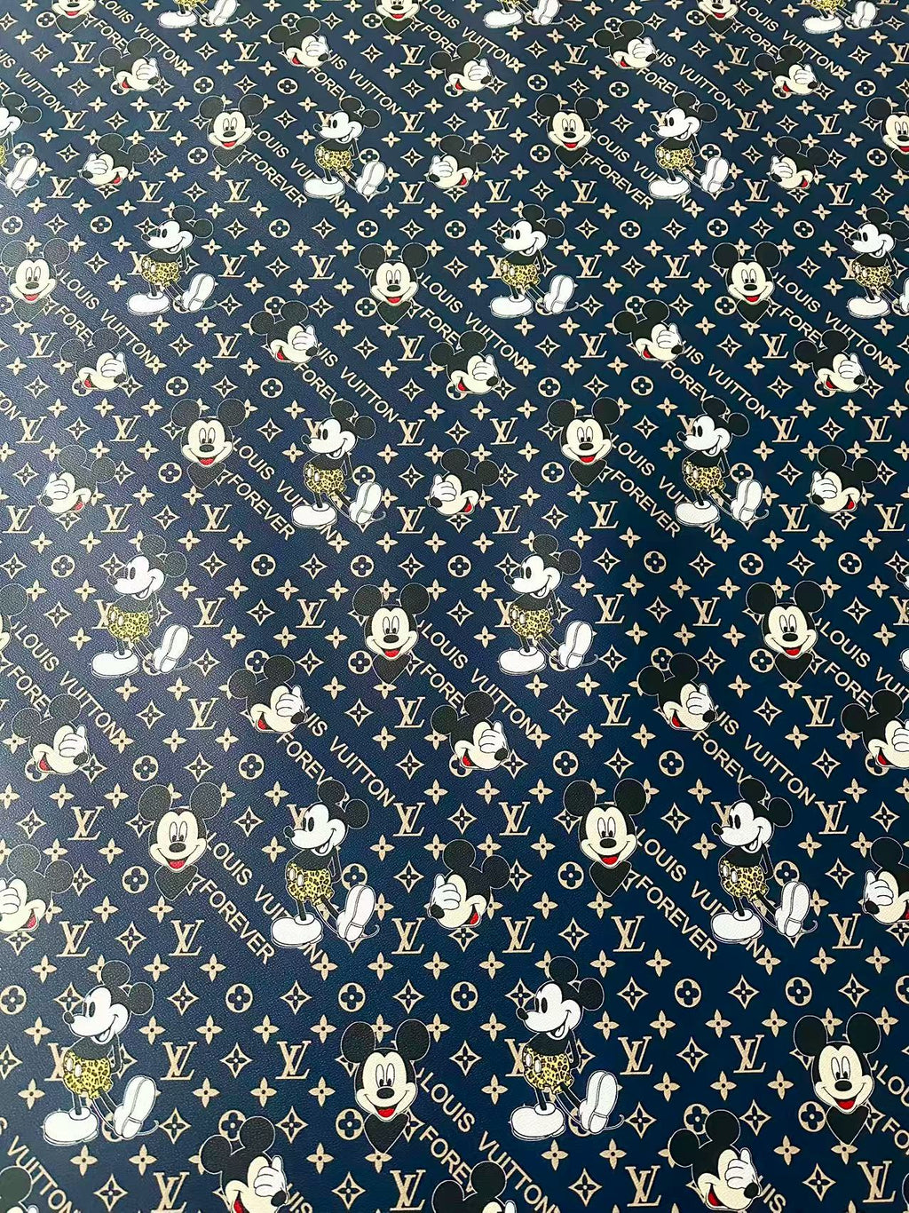 Craft Best Quality Navy Blue LV With Mickey Mouse Vinyl Leather Fabric For Handmade Sneaker,Upholstery Goods By Yard