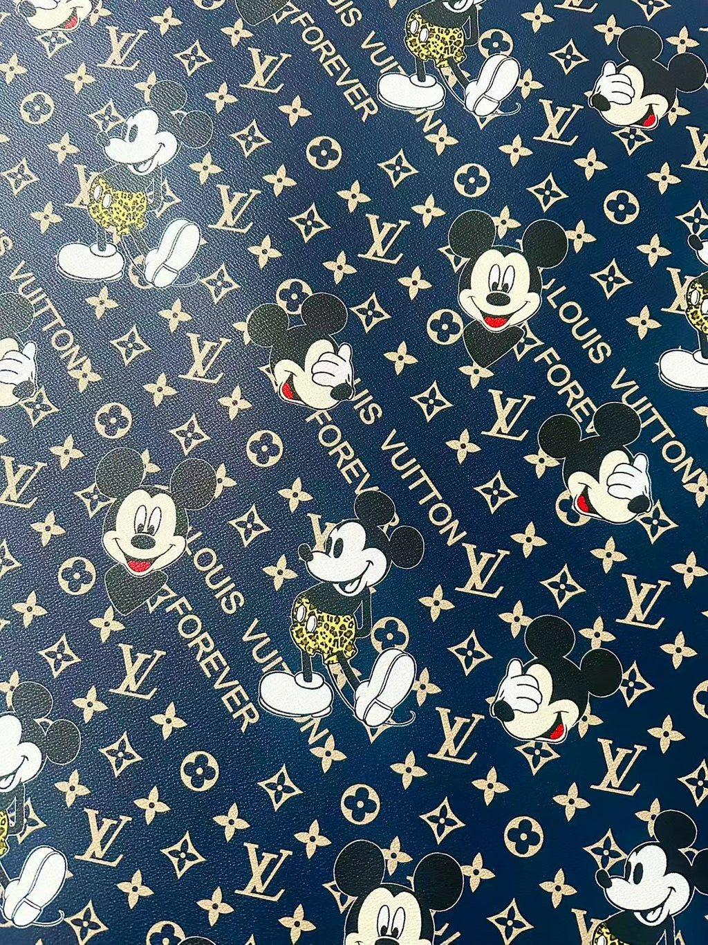 Craft Best Quality Navy Blue LV With Mickey Mouse Vinyl Leather Fabric For Handmade Sneaker,Upholstery Goods By Yard