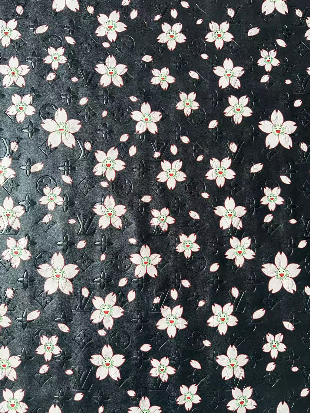 Fashion Black LV With Cherry Blossoms Embossed Leather For Handmade Sneaker,Bag ,Upholstery By Yard