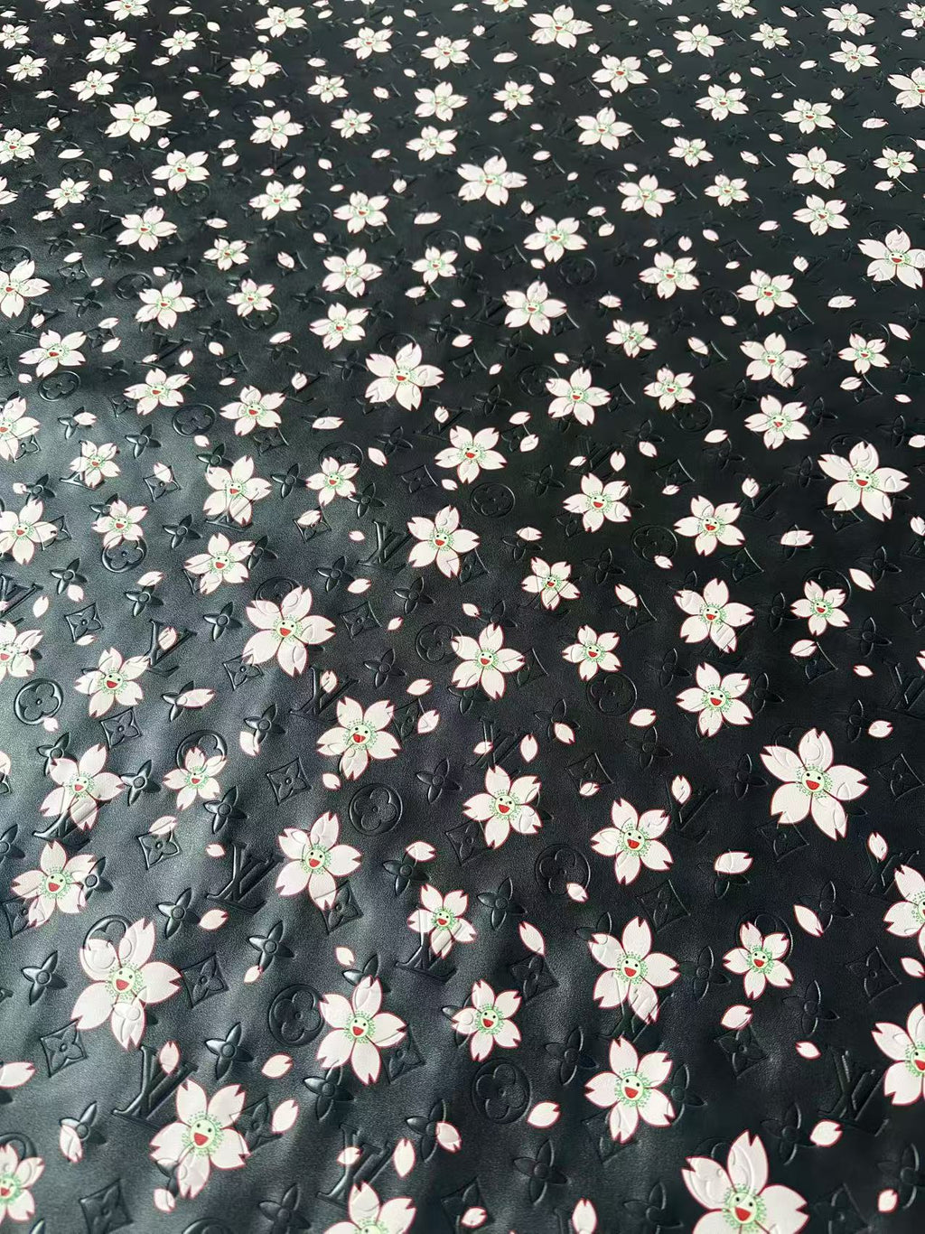 Fashion Black LV With Cherry Blossoms Embossed Leather For Handmade Sneaker,Bag ,Upholstery By Yard