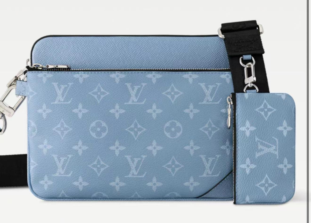 Fashion Mist Blue LV Vinyl Leather Fabric For Handmade Shoes, Wallet,Upholstery Goods By Yard
