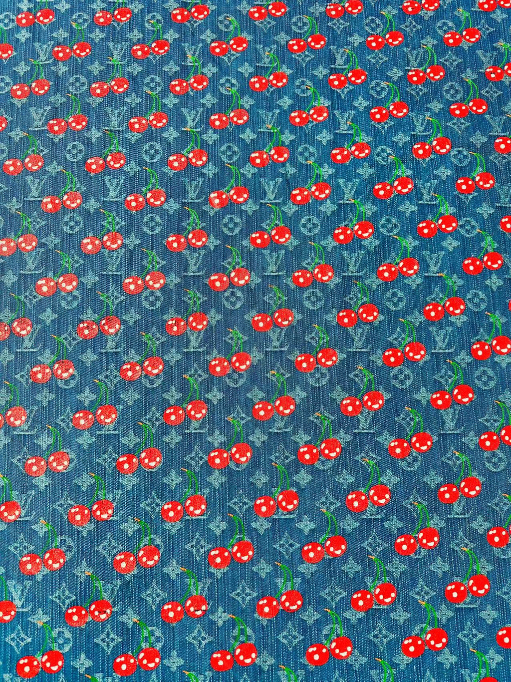 Craft Wash LV With Cherry Jacquard Denim Jean Fabric For Handmade Sewing DIY Upholstery ,Apparel, Sneaker By Yard