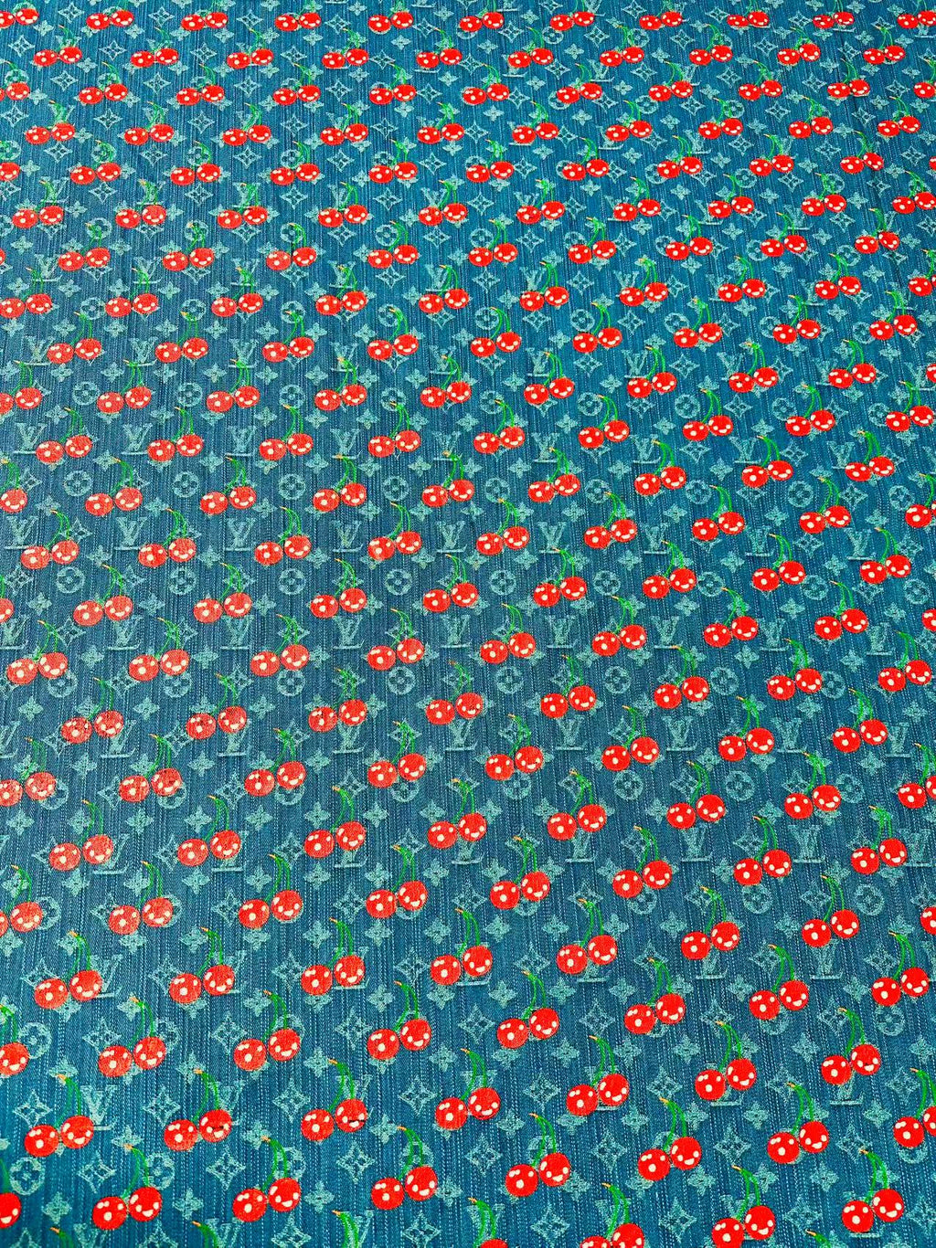 Craft Wash LV With Cherry Jacquard Denim Jean Fabric For Handmade Sewing DIY Upholstery ,Apparel, Sneaker By Yard