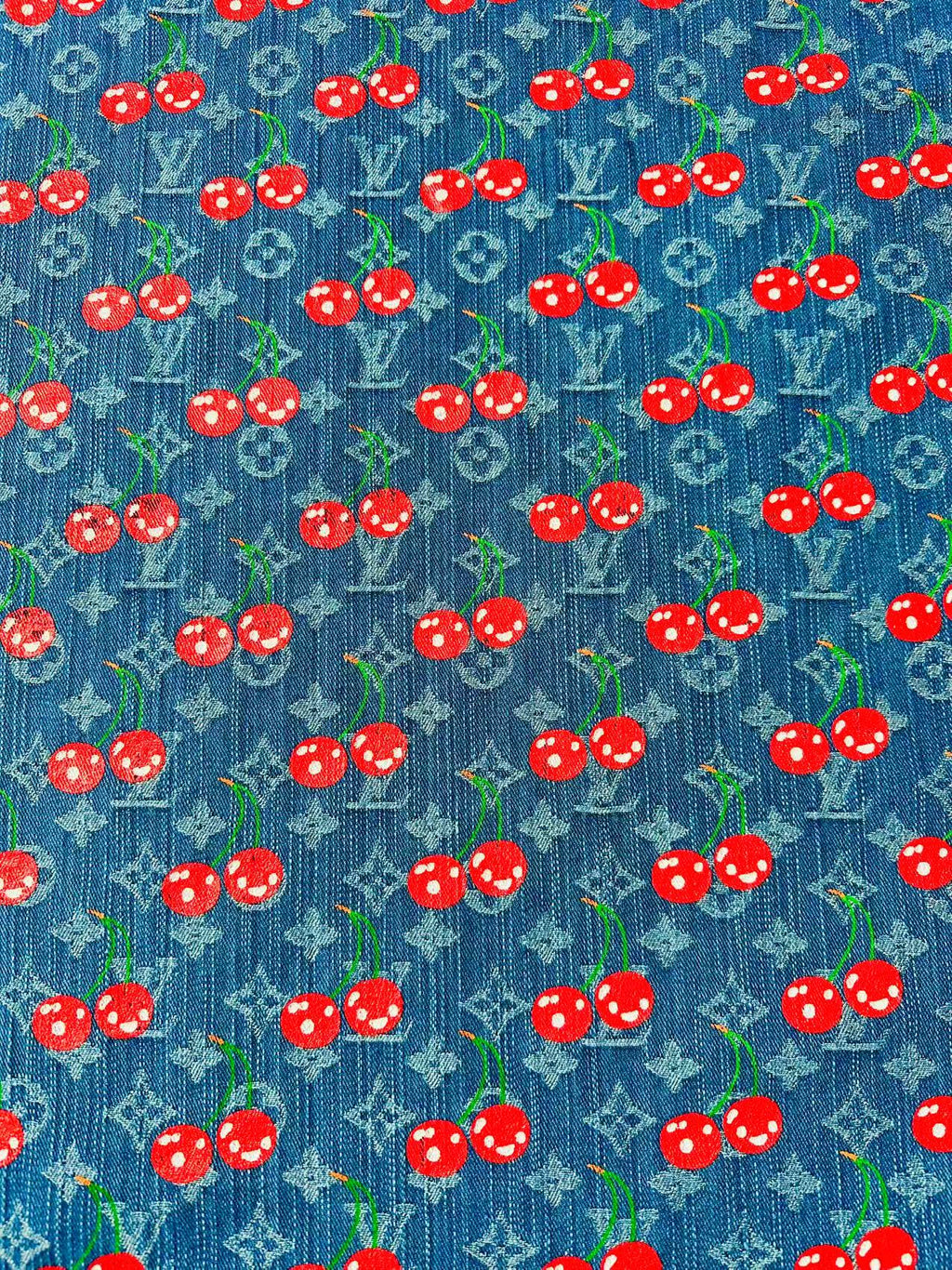 Craft Wash LV With Cherry Jacquard Denim Jean Fabric For Handmade Sewing DIY Upholstery ,Apparel, Sneaker By Yard