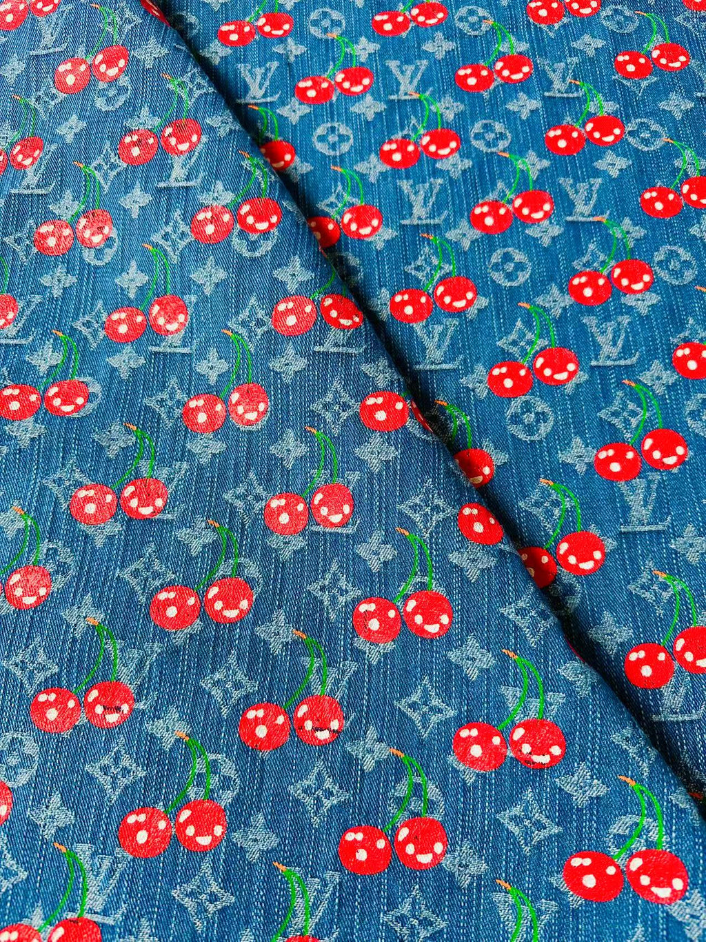 Craft Wash LV With Cherry Jacquard Denim Jean Fabric For Handmade Sewing DIY Upholstery ,Apparel, Sneaker By Yard