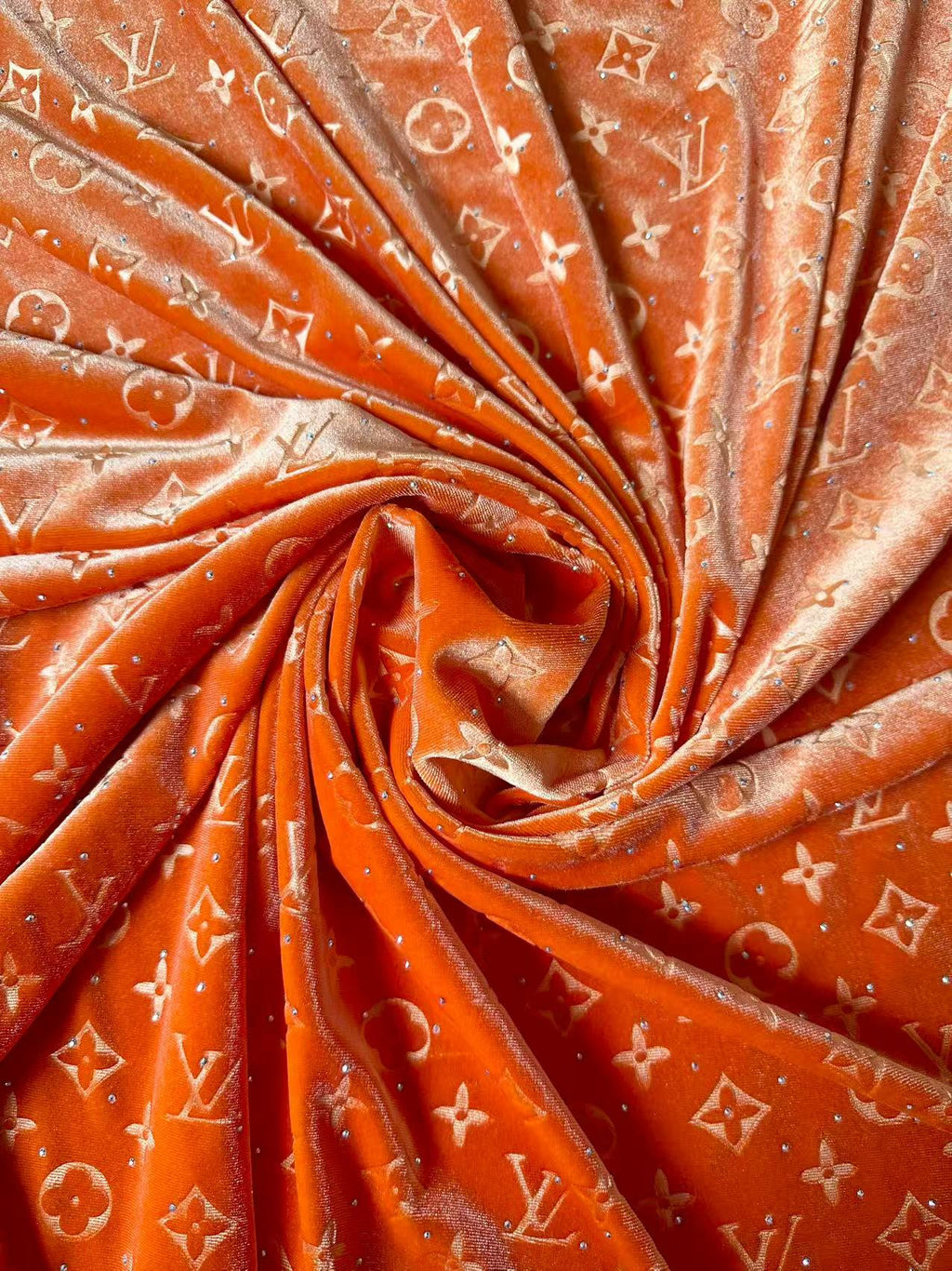 Fashion Luxury LV With Diamond Knitting Velvet Fabric For Handmade Sneaker, Upholstery ,Apparel By Yard(Orange)