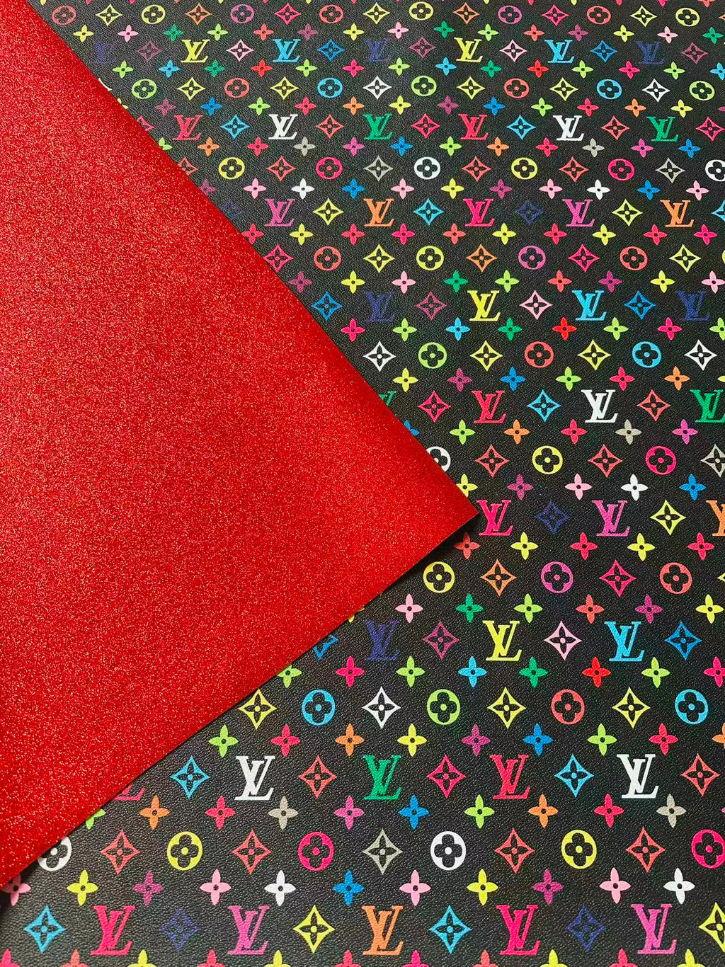 Fashion Black Colorful LV Red Glitter Background Leather For DIY Handicraft Goods