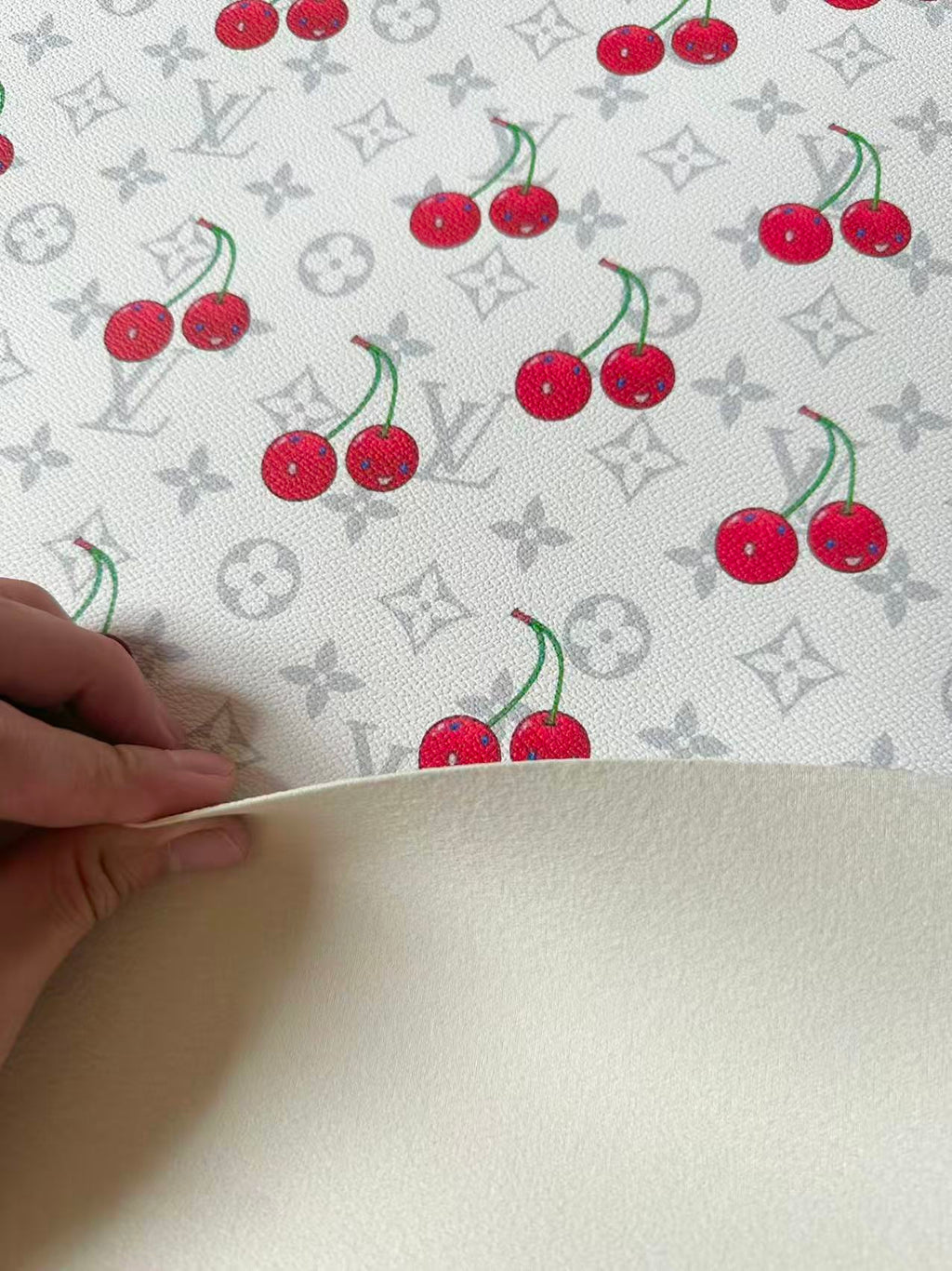 New White Cherry With LV Leather Fabric For Handmade shoes,Upholstery Handicraft Goods By Yard