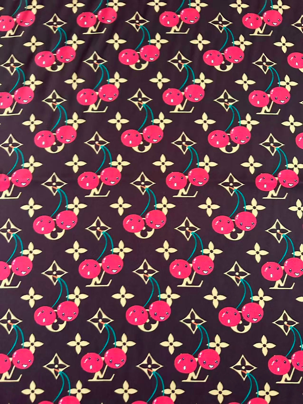 Craft  Brown LV With Cherry Silk Printing Cloth Fabric For Handmade Handicraft Goods By Yard