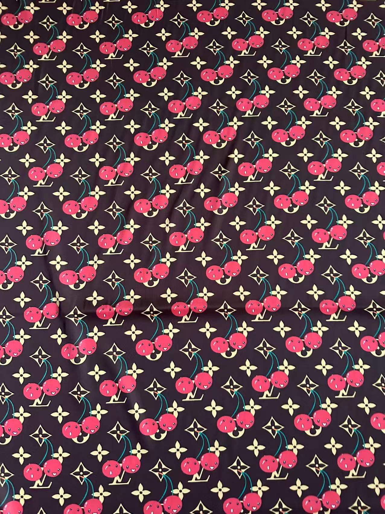 Craft  Brown LV With Cherry Silk Printing Cloth Fabric For Handmade Handicraft Goods By Yard