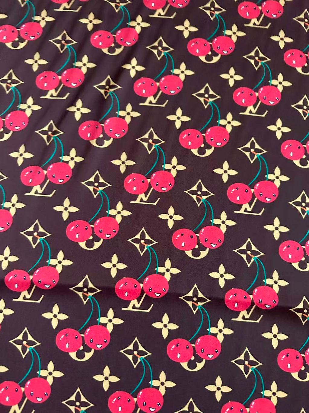 Craft  Brown LV With Cherry Silk Printing Cloth Fabric For Handmade Handicraft Goods By Yard