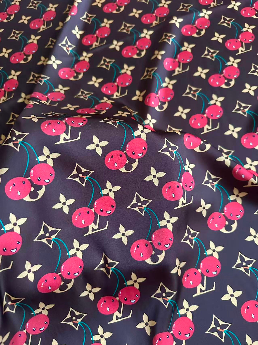 Craft  Brown LV With Cherry Silk Printing Cloth Fabric For Handmade Handicraft Goods By Yard