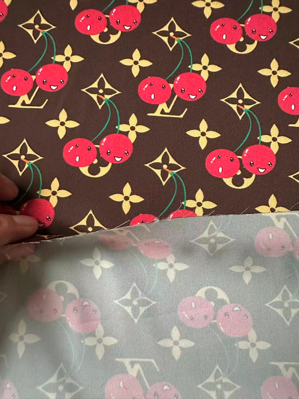 Craft  Brown LV With Cherry Silk Printing Cloth Fabric For Handmade Handicraft Goods By Yard
