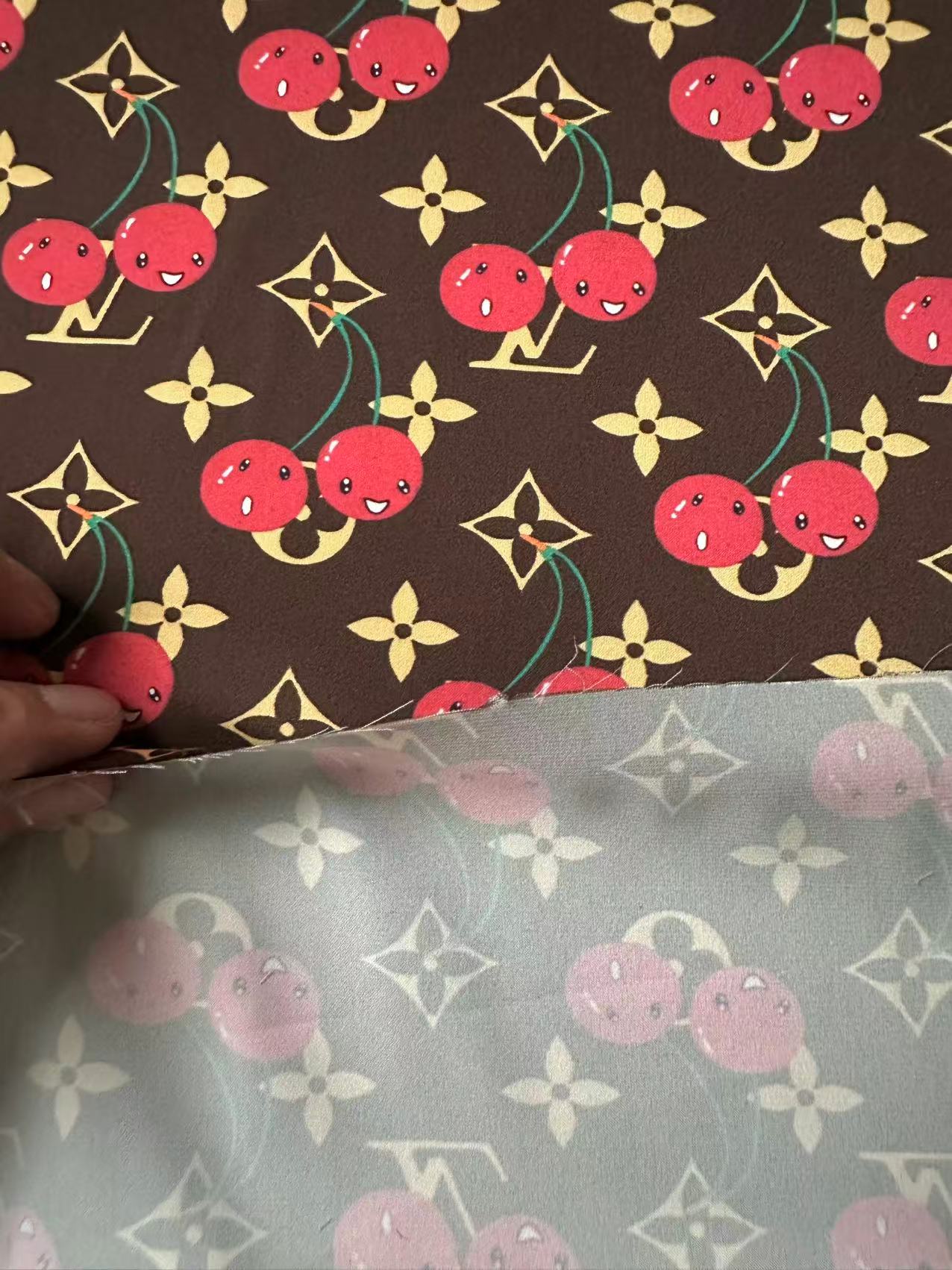 Craft  Brown LV With Cherry Silk Printing Cloth Fabric For Handmade Handicraft Goods By Yard