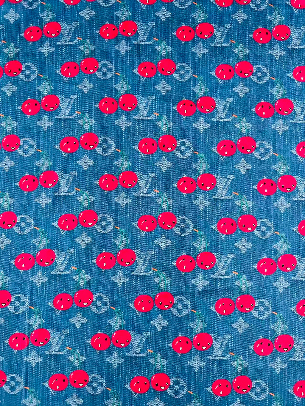 Craft Denim Design LV With Cherry Silk Printing Cloth Fabric For Handmade Handicraft Goods By Yard