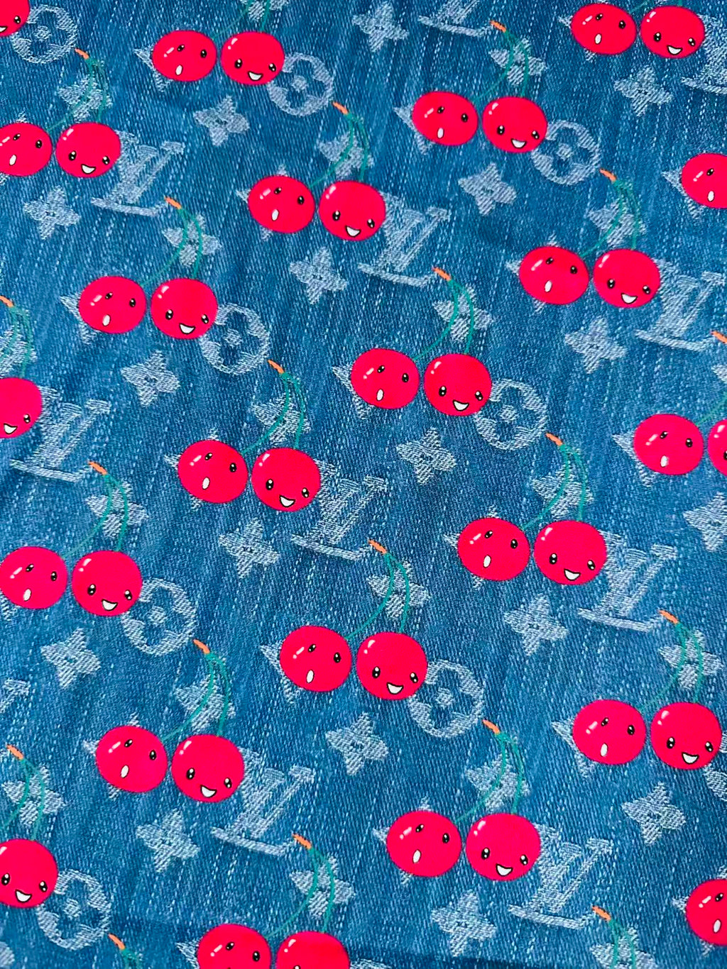 Craft Denim Design LV With Cherry Silk Printing Cloth Fabric For Handmade Handicraft Goods By Yard