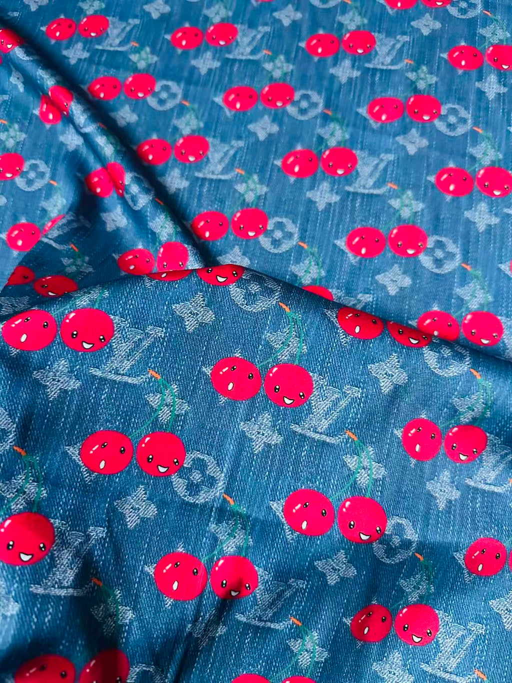 Craft Denim Design LV With Cherry Silk Printing Cloth Fabric For Handmade Handicraft Goods By Yard