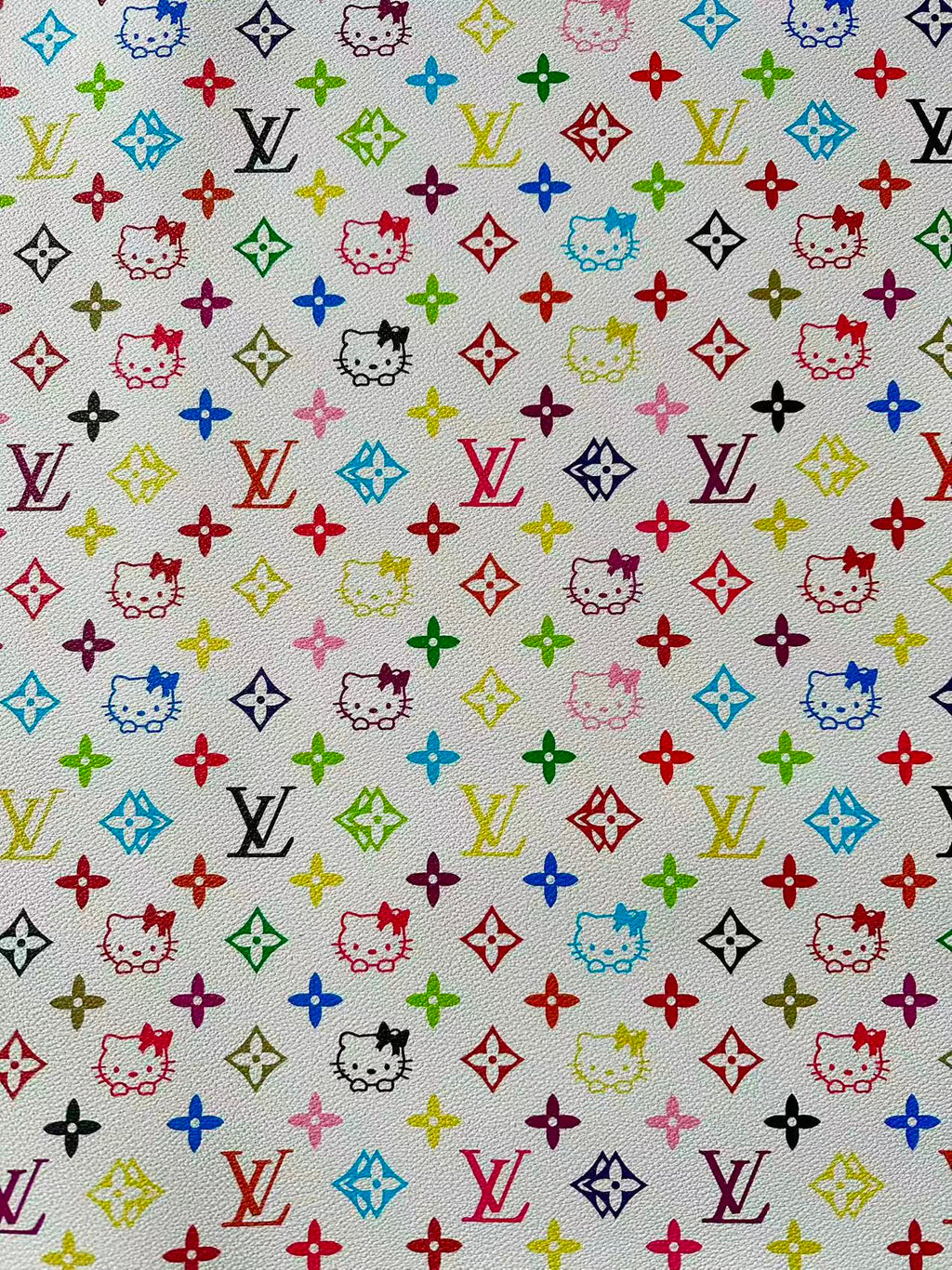 Colorful LV With Hello Kitty Vinyl Leather Fabric For Bag ,shoes ,Handicraft Goods By Yards
