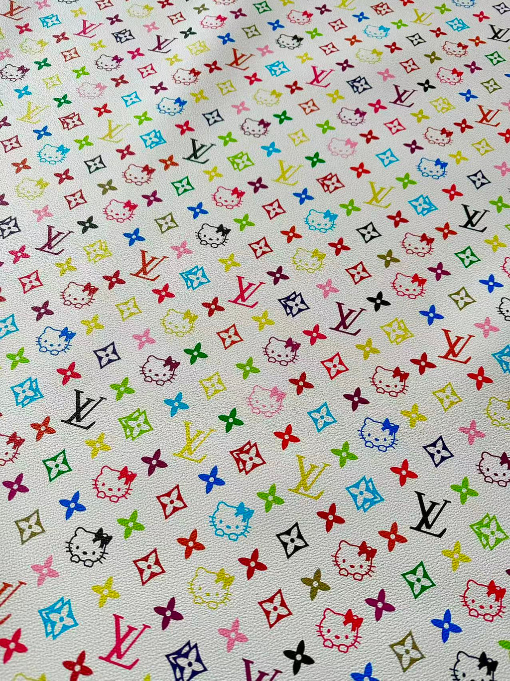 Colorful LV With Hello Kitty Vinyl Leather Fabric For Bag ,shoes ,Handicraft Goods By Yards