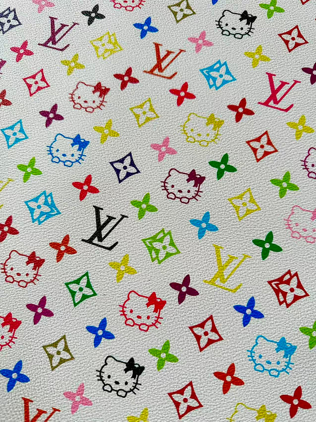 Colorful LV With Hello Kitty Vinyl Leather Fabric For Bag ,shoes ,Handicraft Goods By Yards