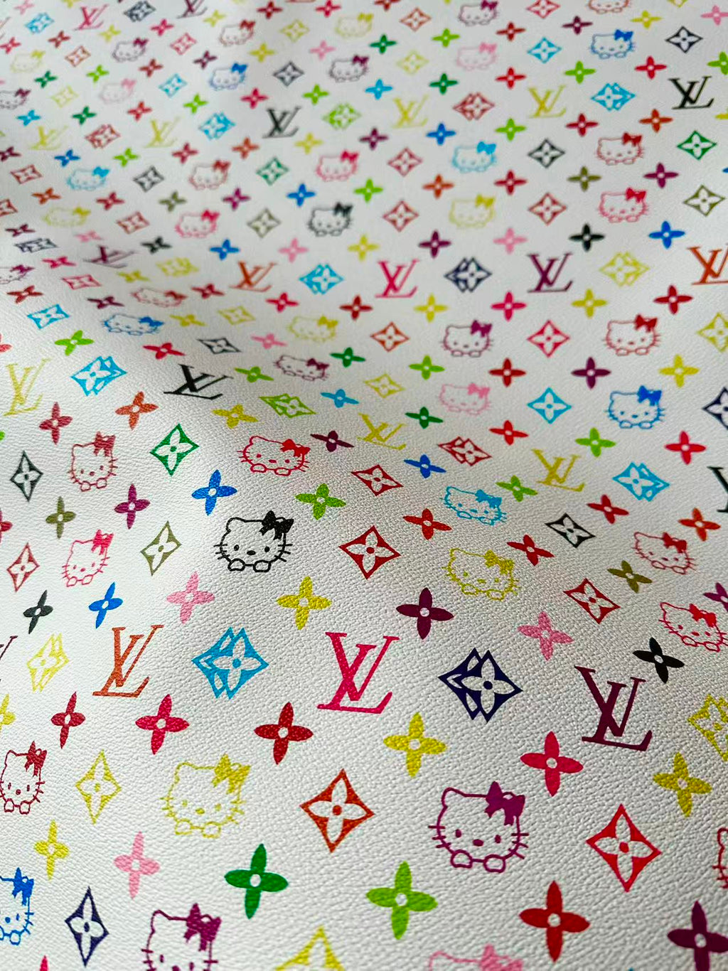Colorful LV With Hello Kitty Vinyl Leather Fabric For Bag ,shoes ,Handicraft Goods By Yards
