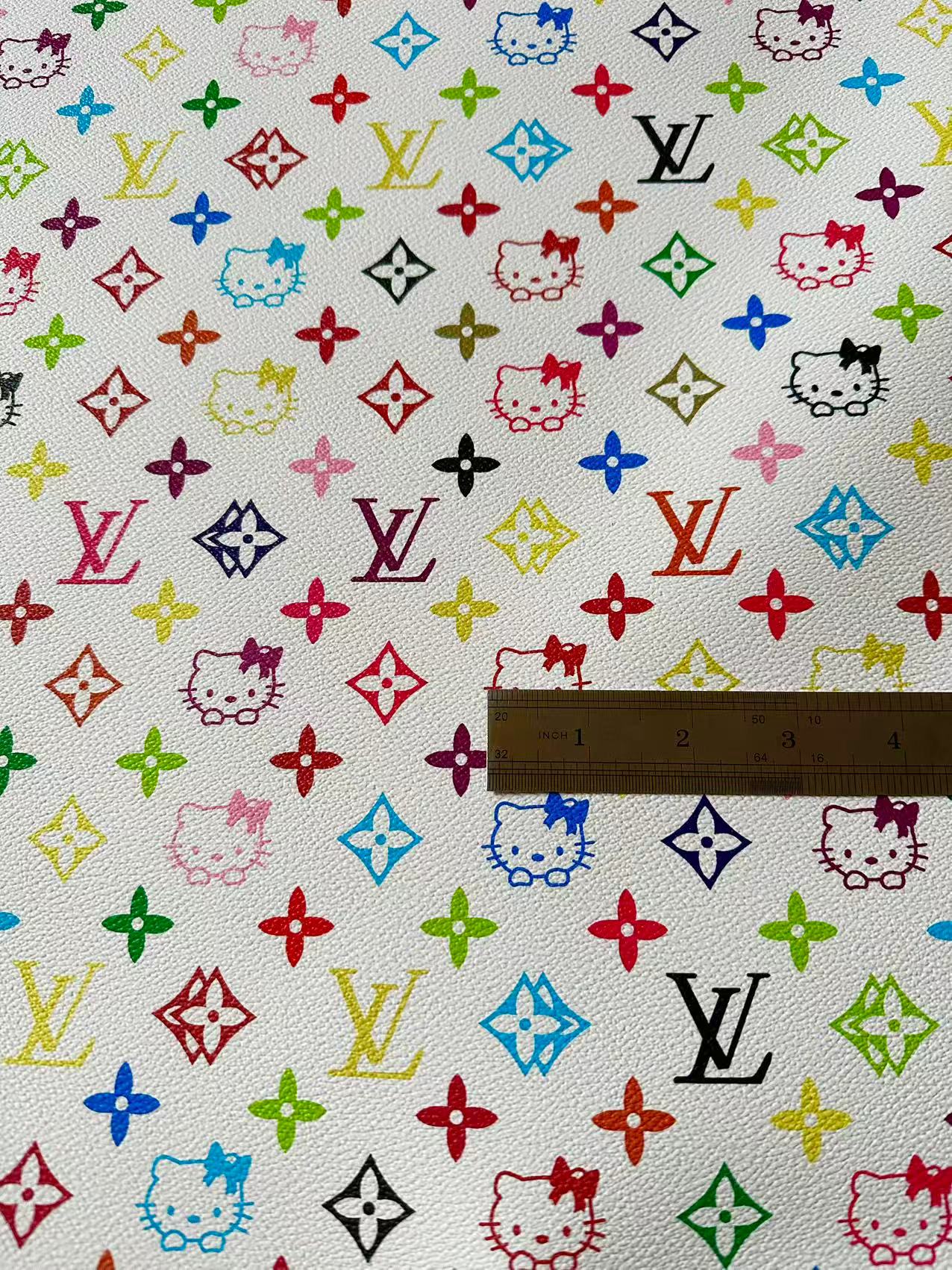 Colorful LV With Hello Kitty Vinyl Leather Fabric For Bag ,shoes ,Handicraft Goods By Yards