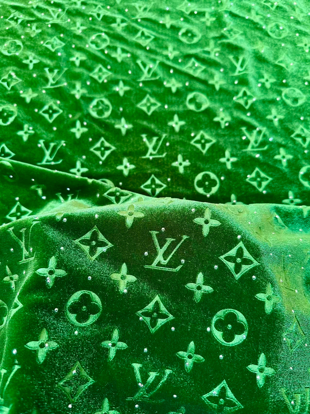 Fashion Luxury LV With Diamond Knitting Velvet Fabric For Handmade Sneaker, Upholstery ,Apparel By Yard(Green)
