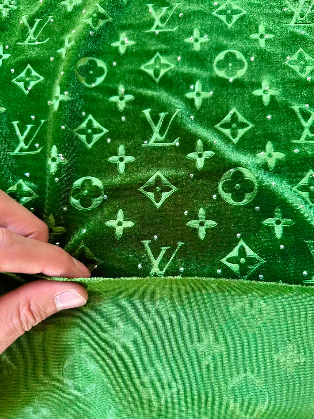 Fashion Luxury LV With Diamond Knitting Velvet Fabric For Handmade Sneaker, Upholstery ,Apparel By Yard(Green)