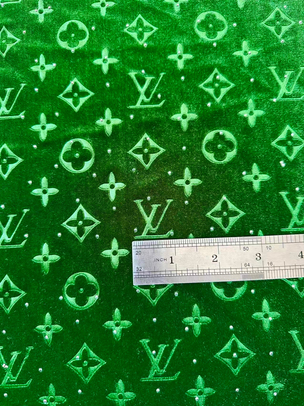 Fashion Luxury LV With Diamond Knitting Velvet Fabric For Handmade Sneaker, Upholstery ,Apparel By Yard(Green)