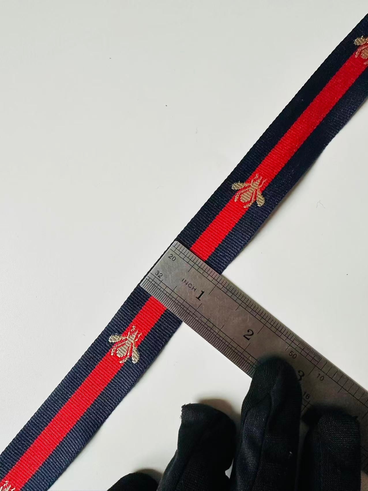 Classic Gucci with Bee Strap ,Handmade Striped Ribbon Trim with Bee Embroidered For shoes ,Bags ,Handicrafts By Yard (Navy Blue with Red )