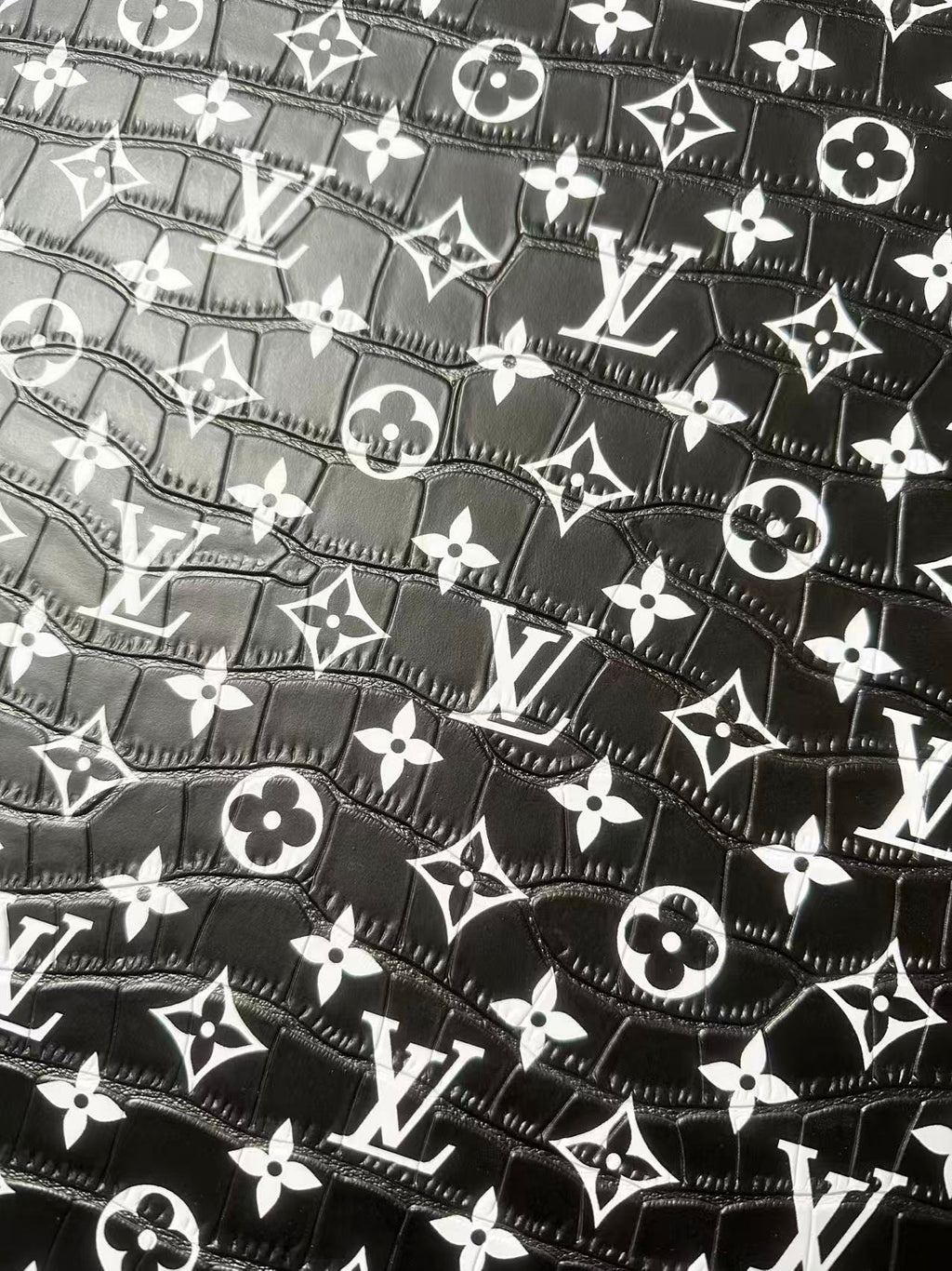 Craft LV Crocodile Texture Alligator Leather Fabric For Handmade Sneaker, Bag Upholstery Goods By Yard (Black)