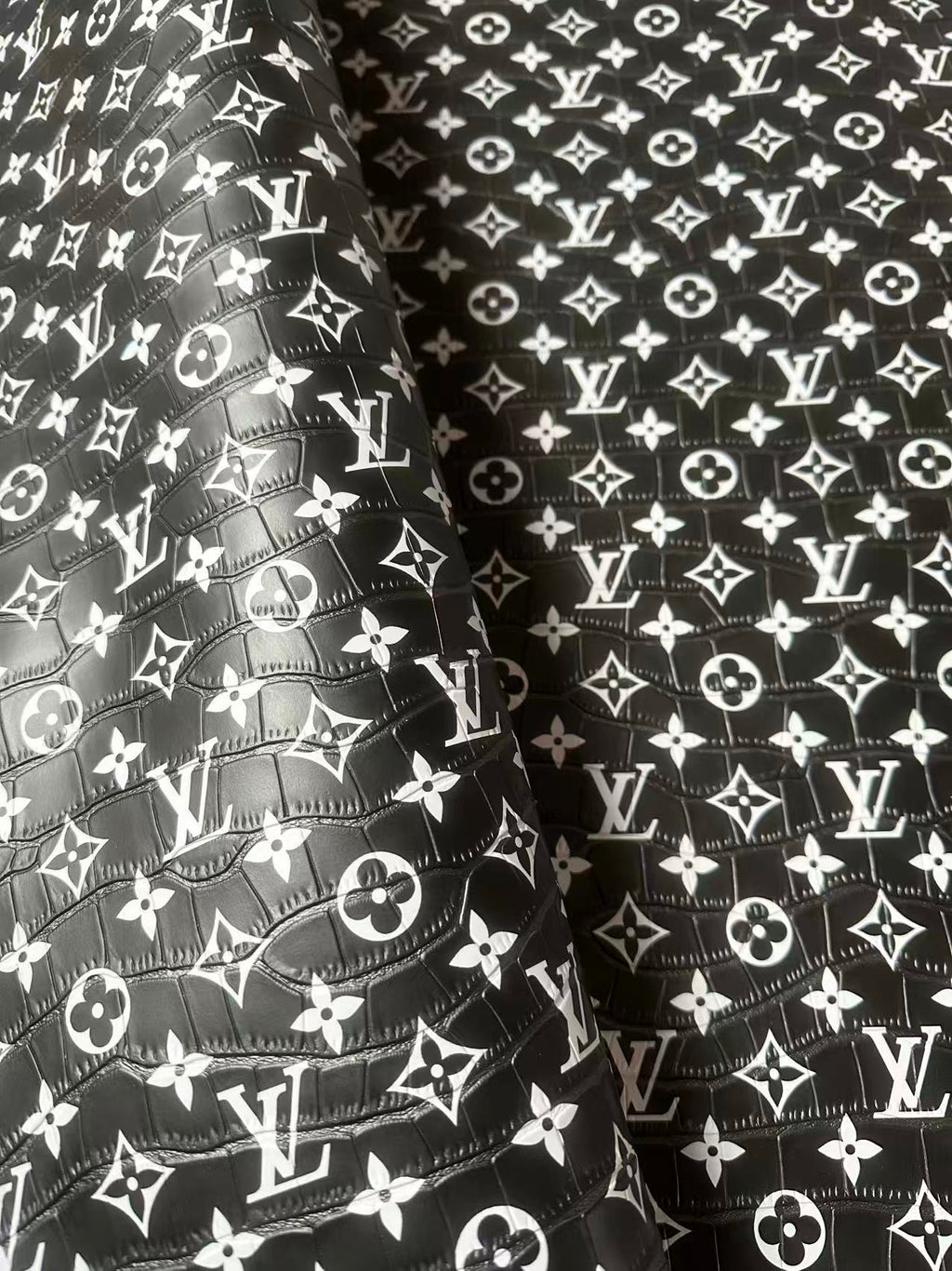 Craft LV Crocodile Texture Alligator Leather Fabric For Handmade Sneaker, Bag Upholstery Goods By Yard (Black)