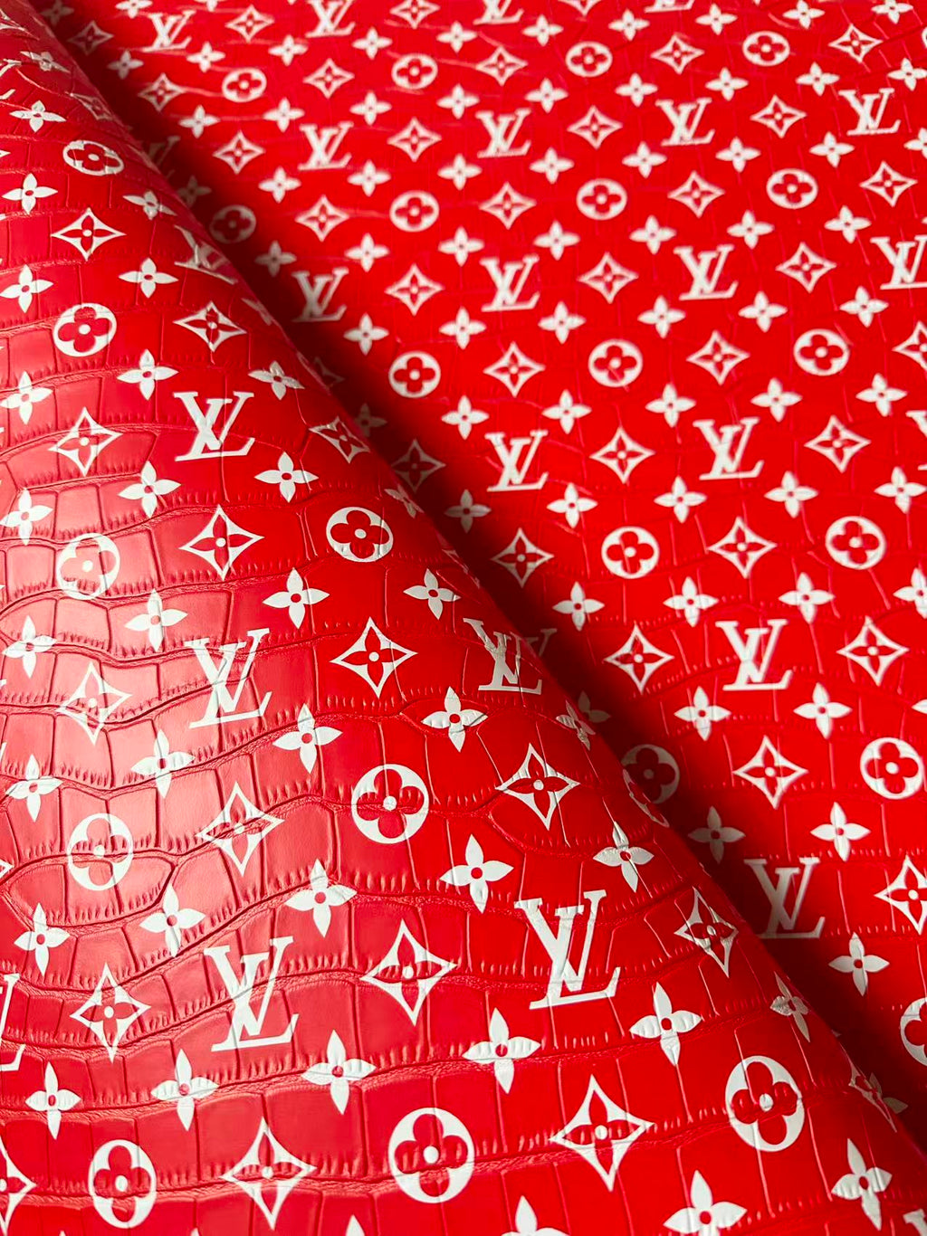 Craft LV Crocodile Texture Alligator Leather Fabric For Handmade Sneaker, Bag Upholstery Goods By Yard (Red)