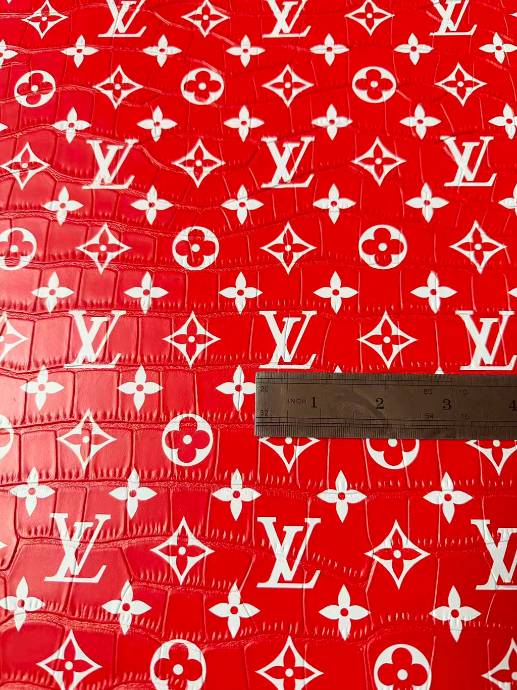 Craft LV Crocodile Texture Alligator Leather Fabric For Handmade Sneaker, Bag Upholstery Goods By Yard (Red)